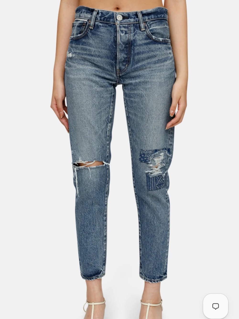 Moussy Distressed Patchwork Tapered Jeans - Blue